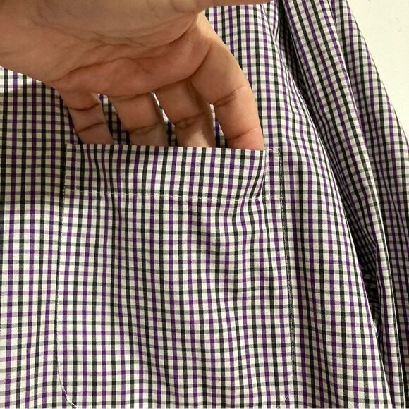 Lands End White Purple Black Gingham Cotton Button Down Long Sleeves Men 16.5 - Picture 11 of 12